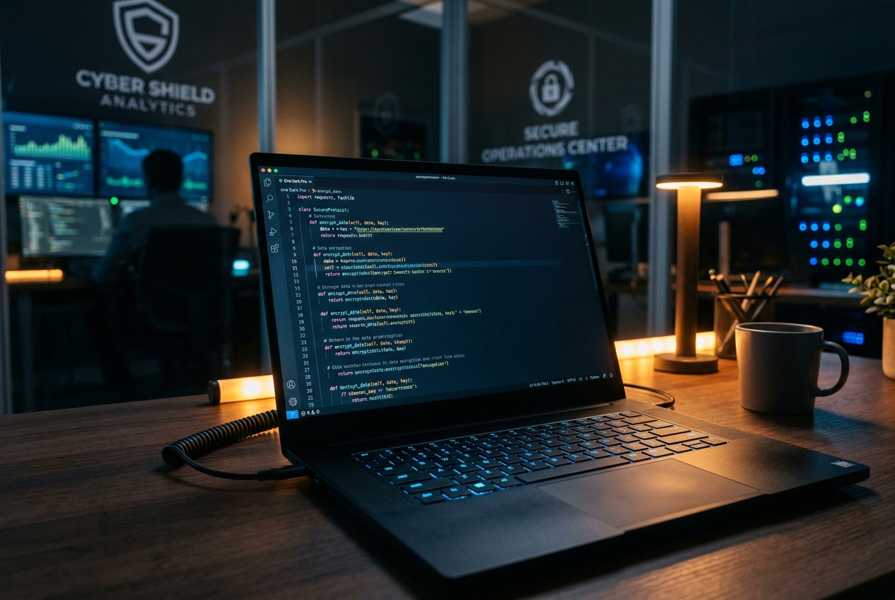 Pantalla de código y ciberseguridad corporativa